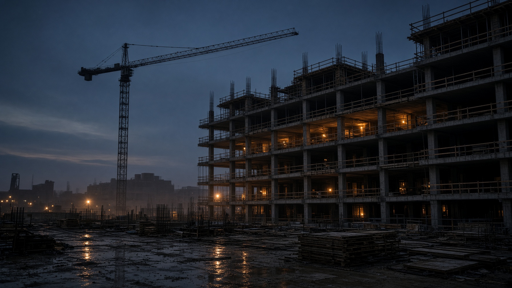A mid-rise commercial jobsite at dusk, work lights on against a dark sky.