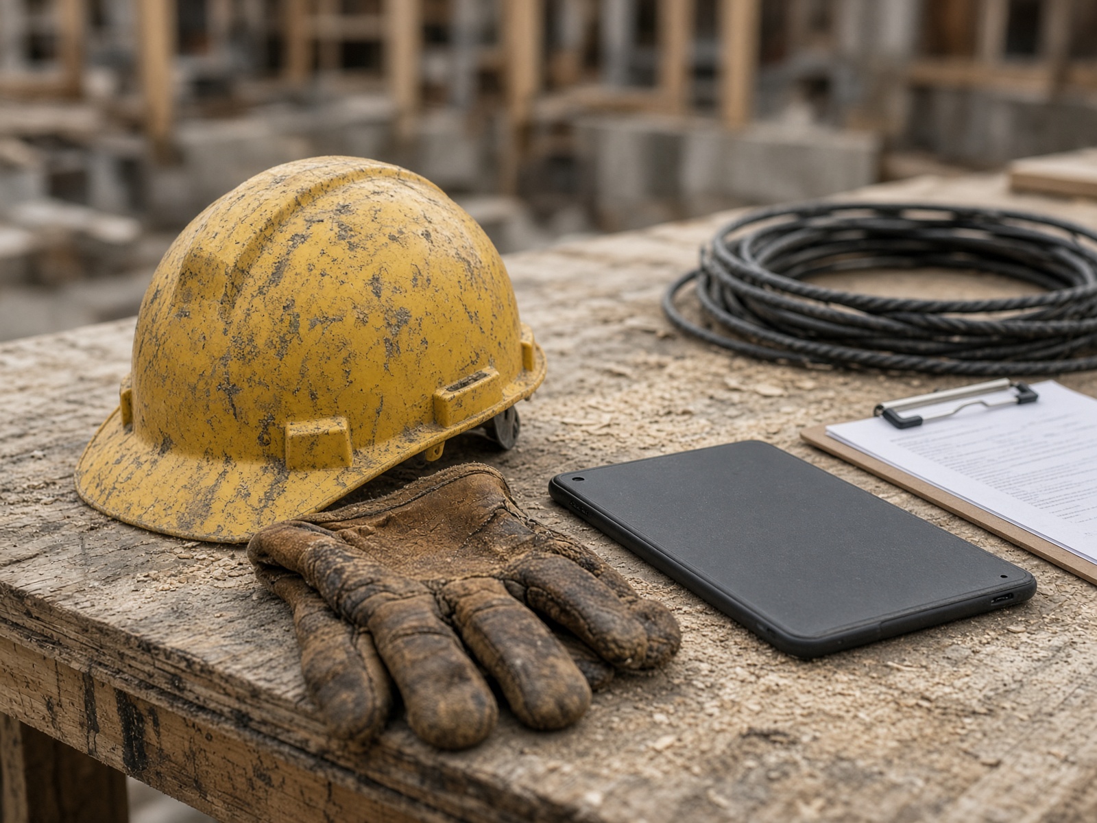 Jobsite workbench with a hard hat, gloves, and a tablet.
